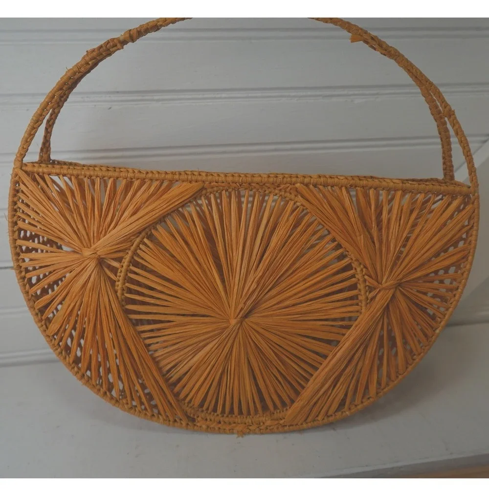 Boho Raffia Bag Woven Circle Clutch Purse Straw Wicker Accessory Top Handle Tote
